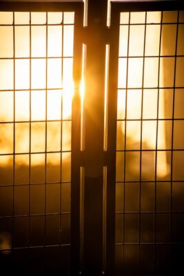 Silhouette of a metal gate with a bright golden sunset behind, creating a dramatic shadow play.