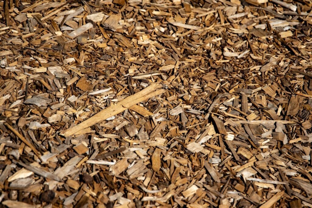 pexels-photo-9890699-9890699-1 Close-up of brown bark mulch in sunlight, showcasing natural texture.
